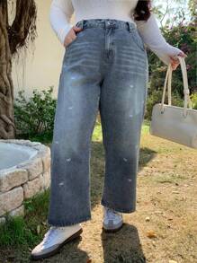 Dazy Plus 蝴蝶结刺绣修身直筒休闲牛仔裤，适合所有季节 - 藍色 - 查看 4