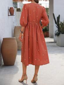 EMERY ROSE Women's Daisy Embroidery Lantern Sleeve Loose Casual Mid-Length Dress - Red - View 2