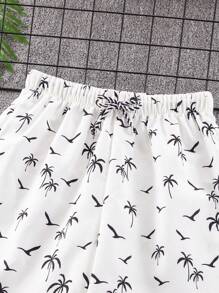 SHEIN Teen Boys White Printed Beach Shorts/Swim Trunks, Perfect For Beach Party, Music Festival, Summer Swimming, Surfing, And Spa