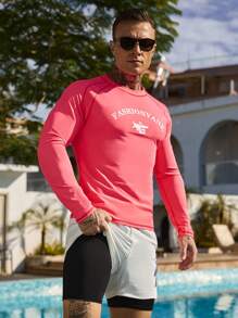 Manfinity Swimmode Set de 2 piezas con Top de manga larga con estampado de letras y bóxer de natación para hombre