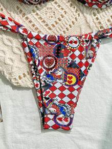 Soleia 2pcs/Set Women's Colorful Playing Card & Geometric Print Ruched Tie Bow Bikini For Holiday, For Summer Beach Vacation