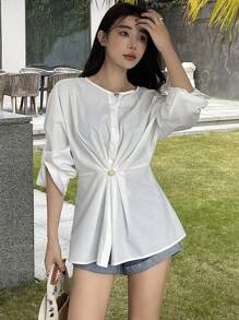 DAZY Women Button Decor Waist Cinching Casual Blouse, Minimalist Fashion For Everyday Wear Long Sleeve Top