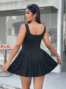 SHEIN EZwear 黑色加大码褶边连体裤