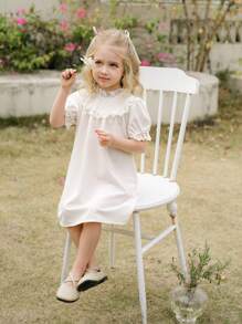 SHEIN Mädchen Retro Französischer Stil Hochkragen Blumen Spitze Puffärmel Strukturiertes langes Kleid, eleganter minimalistischer Frühling/Sommer - Aprikosenfarben - Übersicht 8