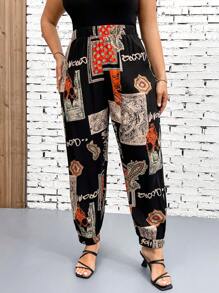 Breezaya Plus Size Women Vintage Printed Drawstring Casual Vacation Pants - Multicolor - View 3