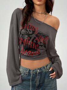 Rafael Machado Coolane Artist Women's & Men's  Spring/Summer Goth Grunge Heart Pattern Y2K Cupid Graphics Comfortable Asymmetrical Neck Long Sleeve T-Shirt,Valentine's Day,Country Festival  Outfits - Grey - View 3