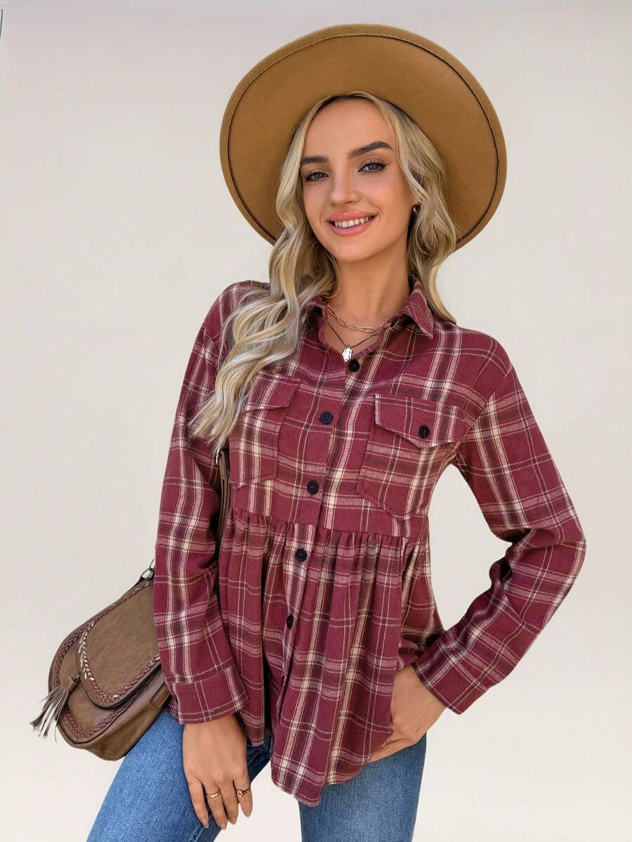 SHEIN LUNE Autumn Green Plaid Vintage Flannel Long Sleeve Peter Pan Collar Cardigan Shirt, Women