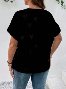 EMERY ROSE 休闲简约心形与玫瑰图案 V 领短袖修身大码女式 T 恤，适合夏季 - 白色 - 查看 2