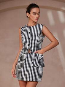 Aveloria Rosie 年轻时尚法国经典黑白野餐格子背心搭配裙子女士两件套学院风