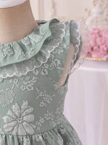 Glamorique Kids Vestido de princesa elegante y lindo para bebés niñas, manga corta con cuello de volantes, de satén estructurado, para primavera/verano - Verde - Ver 6