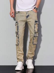 Manfinity Roughcore Men's Casual Washed Distressed Cargo Jeans - Light Wash - View 3