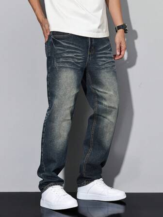 Manfinity Roughcore Plus Size Men's Straight Loose Casual Jeans With Pockets
