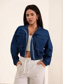 SHEIN Unity 女士简约休闲夹克，简约时尚，适合日常穿着 - 藍色 - 查看 4