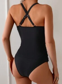 SHEIN Swim Conjunto de tankini de unicolor y estilo camiseta casual para mujer, para verano y vacaciones en la playa - Negro - Ver 2