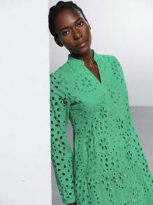 Aveloria Modichic Đầm ngắn chữ A tay dài thêu nút màu xanh lá cây thanh lịch, rộng rãi, cổ điển, thanh lịch cho kỳ nghỉ dành cho nữ - màu xanh lá - Xem 6