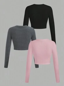 Muchica 3 件女式罗纹长袖 T 恤，简约时尚休闲日常穿着 - 彩色 - 查看 2