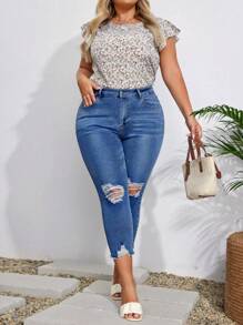 EMERY ROSE Pantalones vaqueros casuales de talla grande para mujer, con bolsillos, ceñidos y rotos, tipo pierna recortada - Azul lavado medio - Ver 6