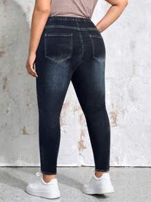 SHEIN LUNE Coolmax Plus Size Women's Elastic Waist Pocket Skinny Casual Denim Jeans - Dark Wash - View 2