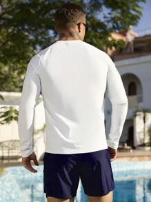 Manfinity Swimmode 2pcs Men Letter Print Long Sleeve Shirt & Shorts Swimsuit Set Men Swim Trunks, Rashguard Men, Long Sleeve Swim Shirt, Swim Shirt For Men, Surf Shirt, Men S Long Sleeve Summer T Shirts Good Quality Tshirt - White - View 2