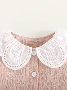 SHEIN 1pc Baby Girls Short Sleeve Lapel Button Down Romper, Casual Versatile Cute Daily Outfit, Summer New Arrival - Apricot - View 4