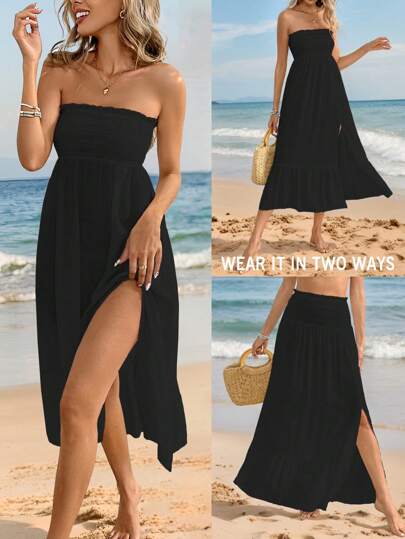 Swim Vcay Women's Elastic Waist Cover-Up With Off Shoulder Neckline (Versatile 2-In-1 Style) For Summer Beach