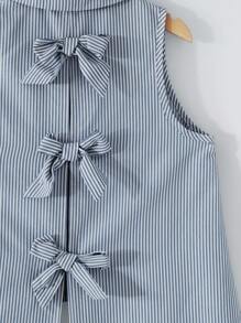 SHEIN Leap Crew 少女优雅无袖编织衬衫，带条纹图案和背部蝴蝶结设计 - 藏蓝色 - 查看 5