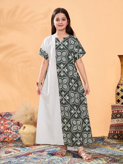 Tween Girl 复古印花拼布 V 领短袖连衣裙