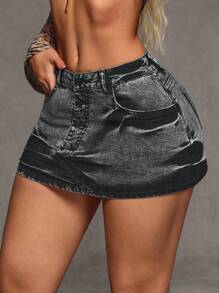 SHEIN BAE Váy denim mini ôm sát cổ bẻ rách cá tính dành cho nữ - Xám - Xem 4