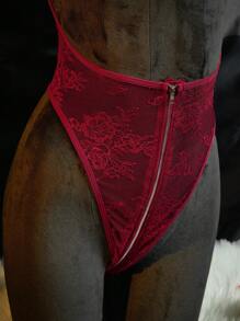 SpicyHot Bộ 2 đồ lót liền thân ren khoét rỗng ngày lễ tình nhân có khóa kéo phía trước cực kỳ gợi cảm dành cho nữ Đồ lót cô dâu khi đi chơi - Màu Đỏ Sâu - Xem 5