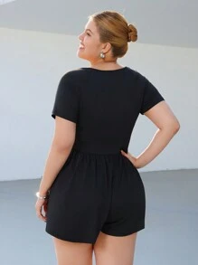 SHEIN EZwear Plus Size Spring Vacation Casual Solid Color Elastic Romper - Black - View 2
