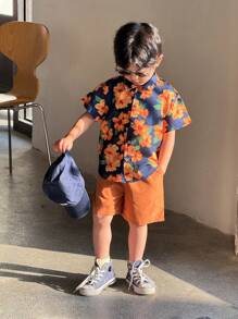 SHEIN 2pcs/Set Young Boys Hawaiian Flower Print Shirt & Shorts Set, Comfortable, Breathable, Cool & Moisture Wicking, Suitable For Spring/Summer, Daily, Sports, Outdoor, School, Party, Holiday, Photo Shooting, Back To School