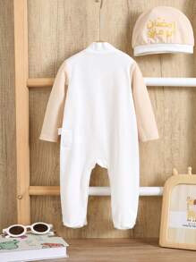 SHEIN 2pcs Newborn Baby Boy Spring/Summer Adorable Fancy Knit Color Block Long Sleeve Jumpsuit With Hat, Suitable For Birthday Party, Evening Party, Performance, Wedding, Month Celebration, Christening And First Birthday - Multicolor - View 2
