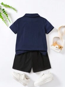 2pcs/Set Young Boys Loose Fit Polo Collar Short Sleeve T-Shirt With Horse Print, Matched With Black Casual Sports Shorts, Suitable For Spring And Summer Casual Wear, Travel And School