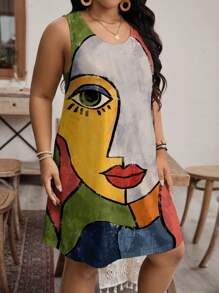 EMERY ROSE 大码女式休闲肖像印花圆领无袖连衣裙，适合夏季