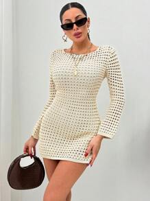 EURMUSE Openwork Crochet Mini Dress – Long Sleeve Sheer Knit Beach Cover-Up With Lining - Beige - View 5