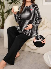 Moonlight&Mama 2 件套针织条纹哺乳孕妇圆领长袖上衣和可调节腰围裤子睡衣套装 - 黑與白 - 查看 3