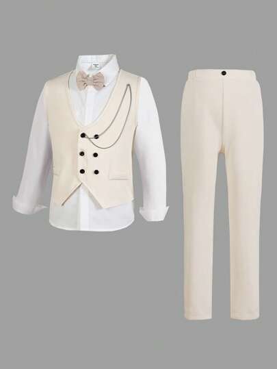SHEIN 青少年男孩绅士三件套：双排扣背心 + 长裤 + 无领正装西装，适合生日派对、舞会、婚礼、洗礼、 1 岁生日