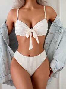 Swim Mod 2pcs/Set Women Spring Break Solid Color Gathered Texture Bowknot Strap Bikini Set, For Summer Beach - Beige - View 5