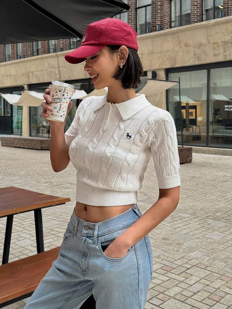 Old Money Embroidered Spring/Summer Pattern Slim Fit Short Sleeve Polo Neck Knit Top For Women