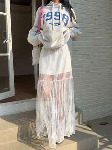 SHEIN EZwear Chân váy chữ A Maxi màu trắng phối ren lưng thun, thanh lịch, cỡ lớn cho mùa xuân và mùa hè - trắng - Xem 3