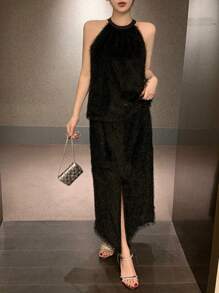 DAZY 女士优雅通勤吊带上衣和 A 字裙 2 件套夏季舞会礼服 - 黑色 - 查看 3