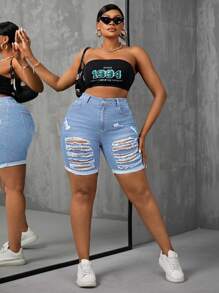 SHEIN SXY Plus Size Elastic Skinny Ripped Denim Shorts - Light Wash - View 3