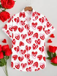 Manfinity Homme 时尚休闲情人节涂鸦心形印花图案男士大码修身常规版型短袖纽扣衬衫，适合情侣约会和聚会，是送给男朋友的绝佳礼物 - 白色 - 查看 3