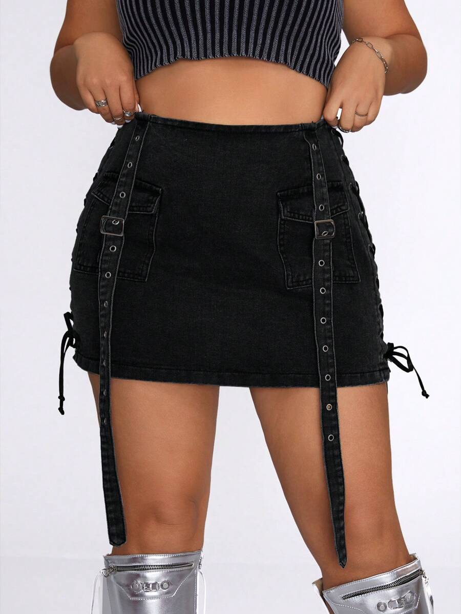 SHEIN ICON Plus Size Comfortable Strap Summer Music Festival Matching Skirt - Black - View 1