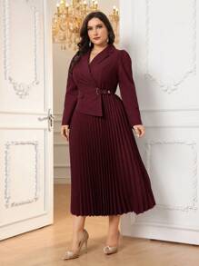 Modelyn 大码女式纯色领口长袖褶边优雅连衣裙长款晚礼服 - 酒紅色 - 查看 1