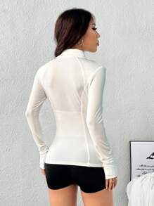 Áo nỉ thể thao đơn giản tay dài khóa kéo phía trước màu trơn dành cho nữ - trắng - Xem 3