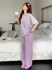 DAZY 2pcs/Set Loose Short Sleeve Printed Women Loungewear Set Pajama - Mauve Purple - View 5
