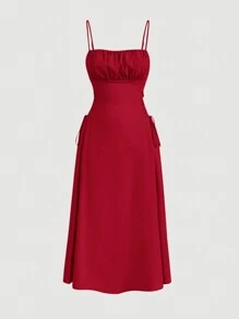 SHEIN Tall Red Date Night Long Dress Ruched Bust Lace Up Side Cami Dress - Burgundy - View 8
