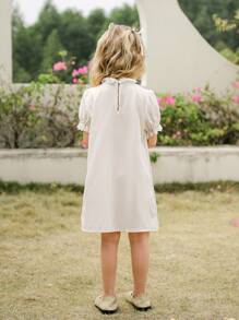 SHEIN Mädchen Retro Französischer Stil Hochkragen Blumen Spitze Puffärmel Strukturiertes langes Kleid, eleganter minimalistischer Frühling/Sommer - Aprikosenfarben - Übersicht 2