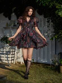 SHEIN MOD Women's V-Neck Mesh Casual Short Dress, Minimalist & Fashionable For Everyday Wear, Elegant,Valentine's Day,Spring,Summer,Dresses For Women Elegant,Birthday Outfits For Women,Vacation Dress,Fairycore,Concert Outfit Women,Tea Party Outfit,Brunch Outfits For Women,Chinese New Year Outfit